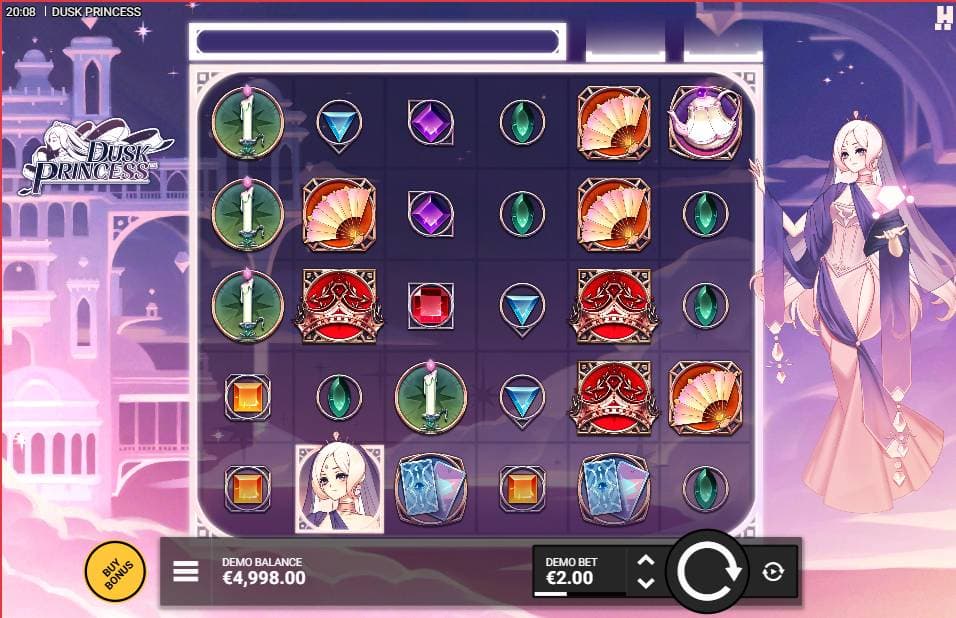Dusk Princess slot gameplay showing fantasy-themed reels with mystical princess symbols and glowing effects