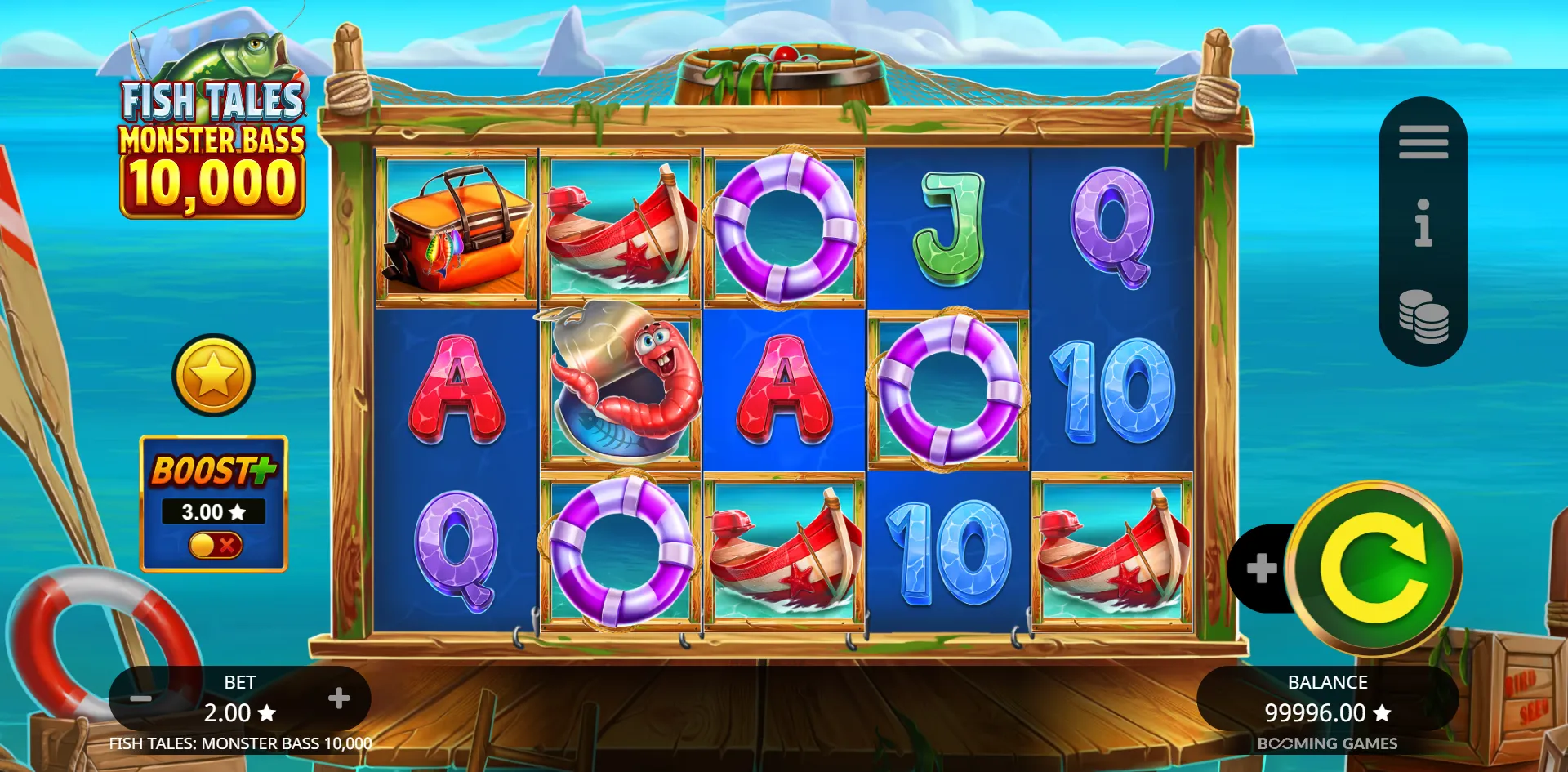 Fish Tales: Monster Bass 10,000 reels showing Fishing symbols and Free Spins