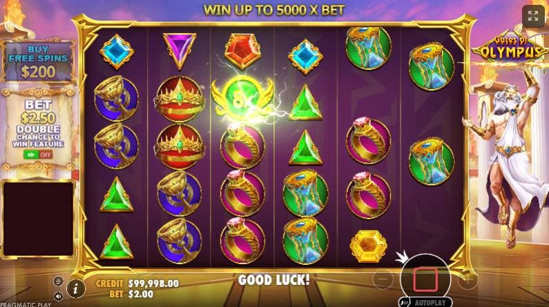 Gates of Olympus slot 6x5 grid with gem symbols and multiplier orbs during base game