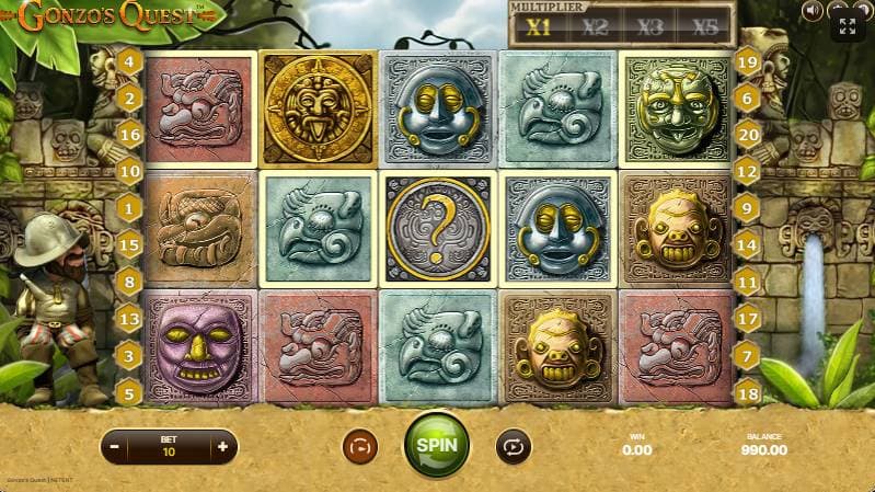 Gonzo's Quest slot gameplay showing avalanche reels with ancient stone symbols and multiplier feature