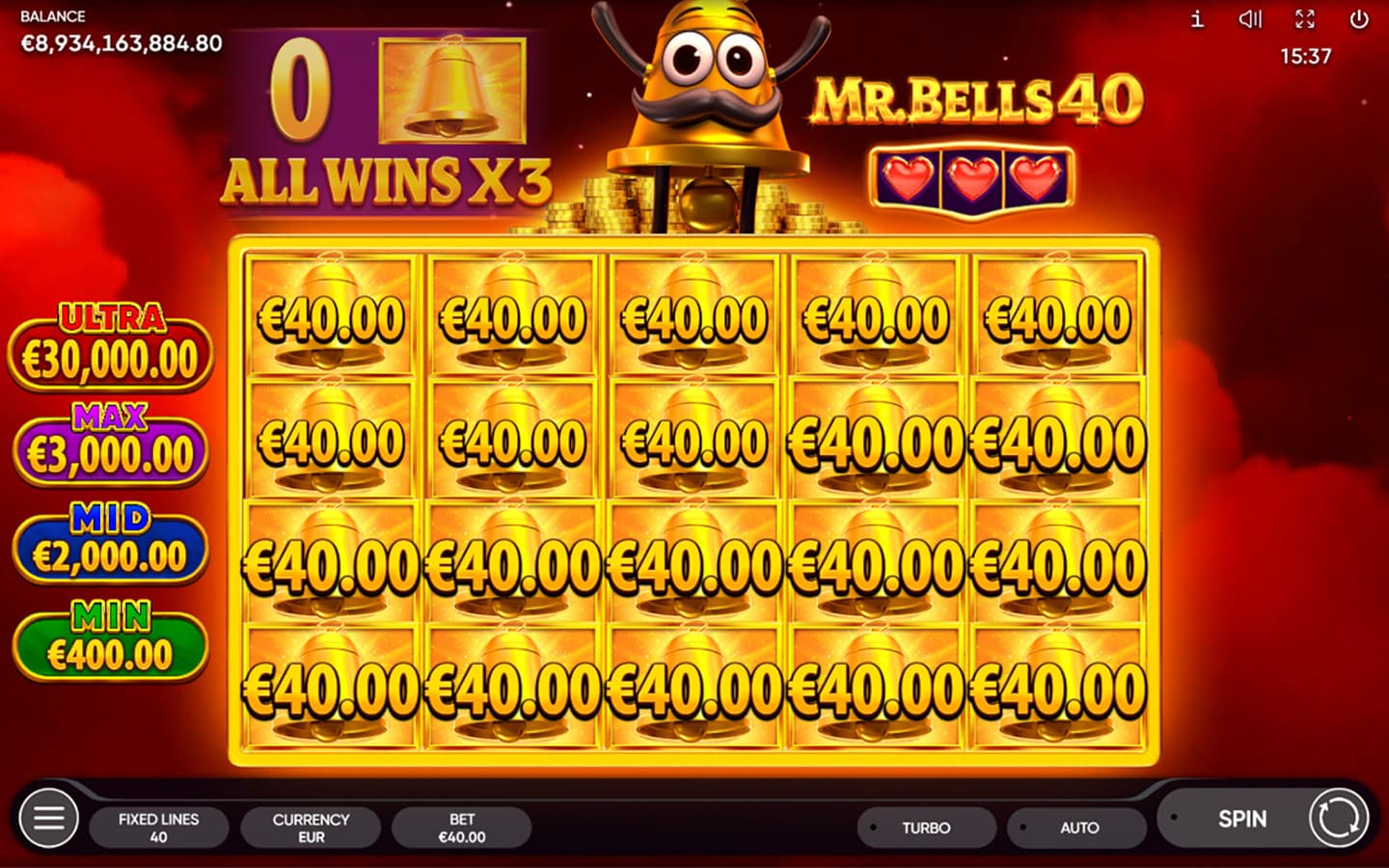 Mr. Bells 40 Bell Bonus Game with all 20 positions filled and x3 multiplier active