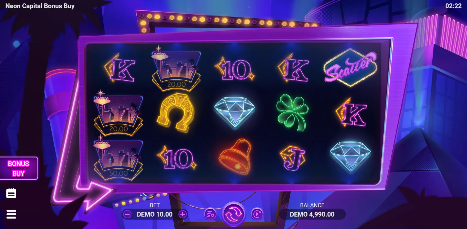 Neon Capital Bonus Buy slot gameplay screenshot
