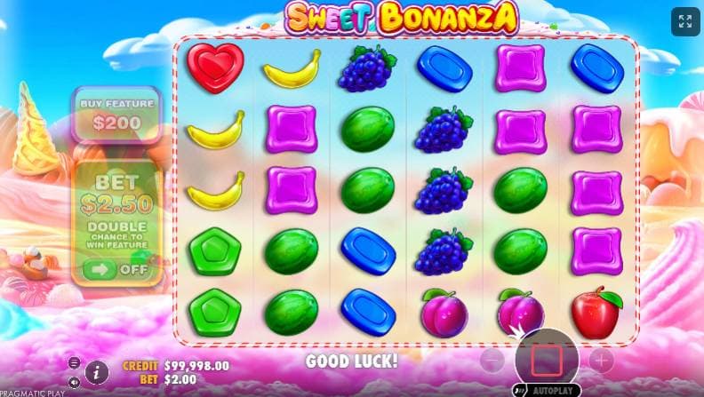 Sweet Bonanza slot 6x5 candy grid with fruit and candy symbols during tumble feature