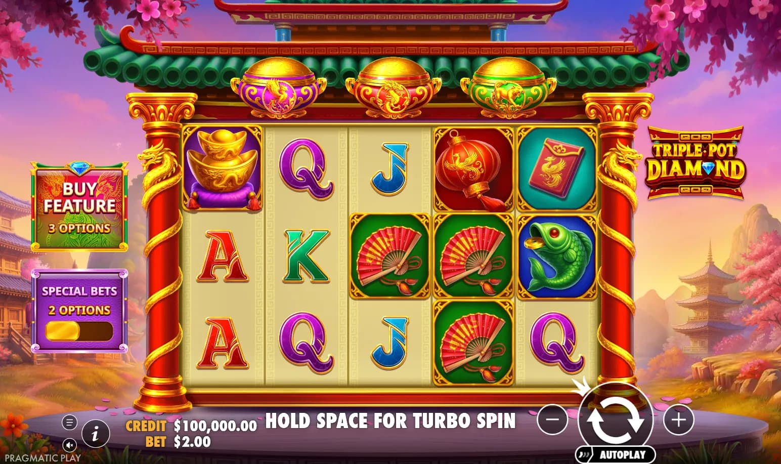Triple Pot Diamond slot gameplay showing 5x3 grid with Chinese temple theme, golden pots, and symbol icons