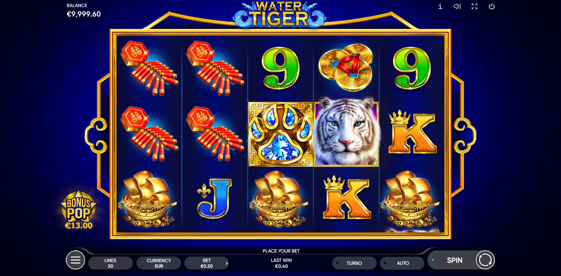 Animals slot Water Tiger from Endorphina during gameplay
