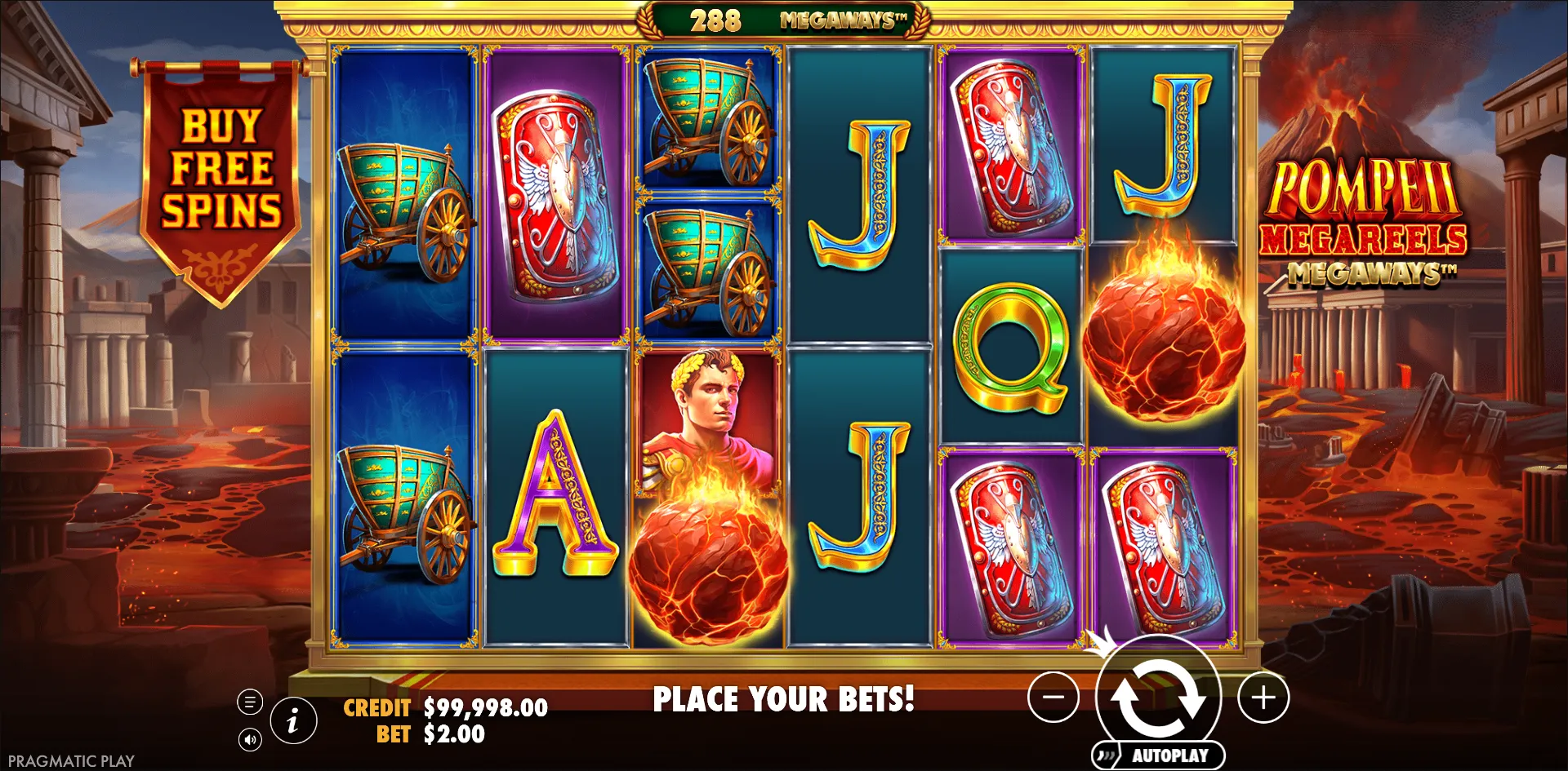 Pompeii Megareels Megaways slot gameplay screenshot
