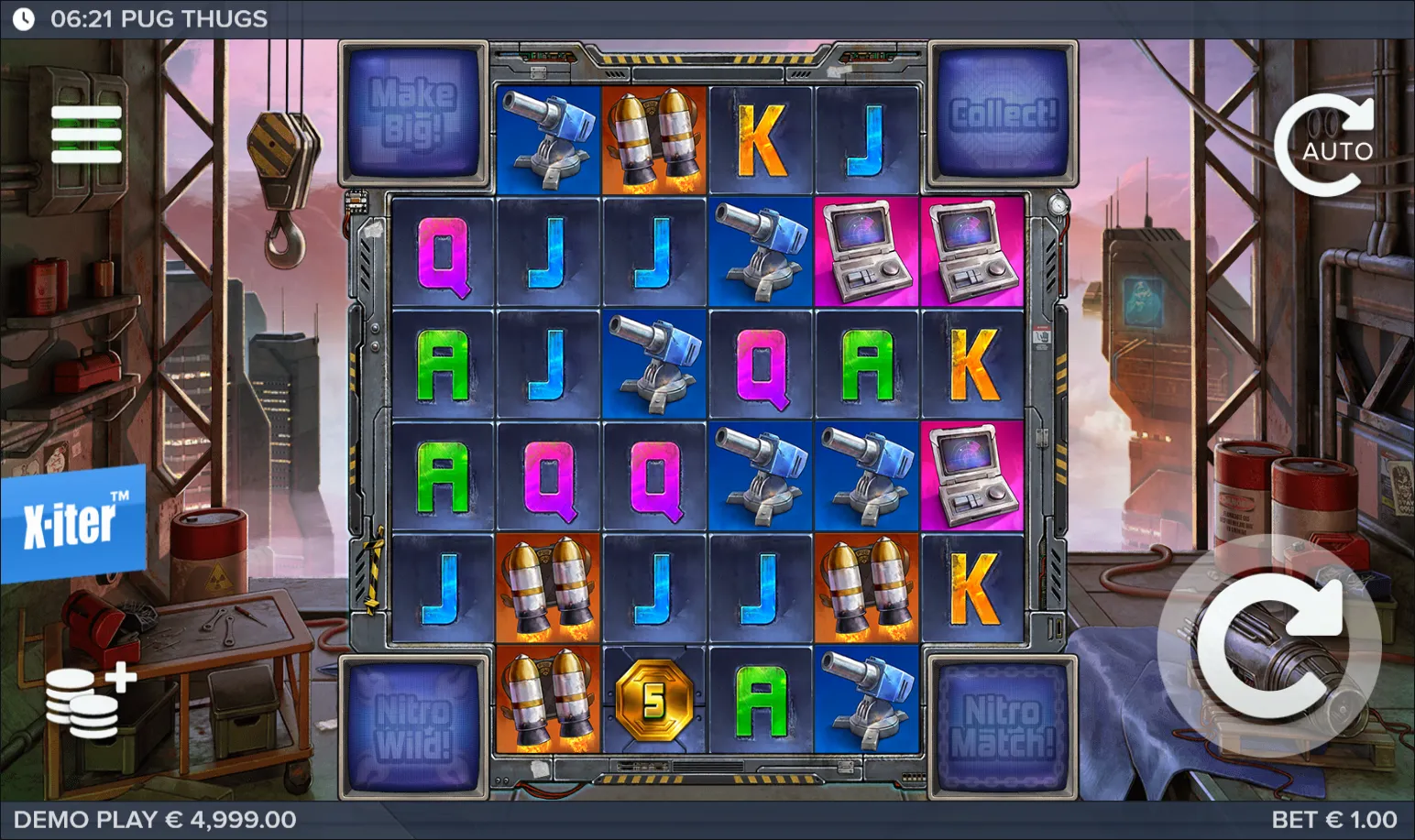 Pug Thugs of Nitropolis gameplay - 6x6 grid with industrial cityscape, pug characters, and Nitro Reels