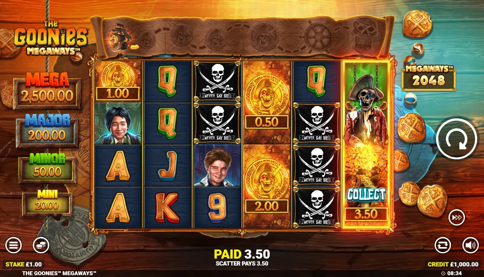 The Goonies Megaways slot gameplay screenshot