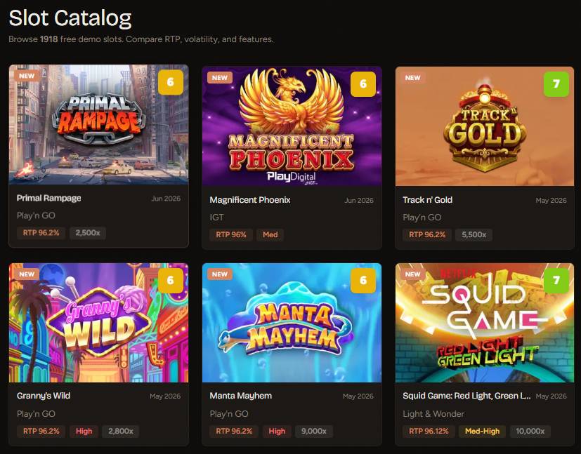 SlotsReach game catalog showing slots with RTP, volatility, and max win data